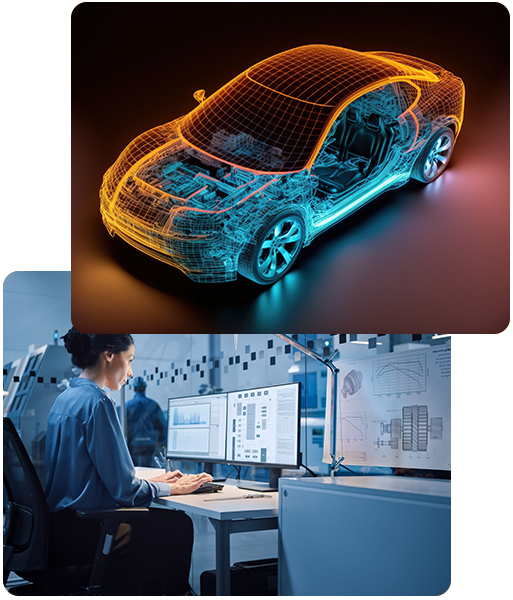 Automotive Connectivity: Header-Bild eines Automotive Branchenportals: Digitales Fahrzeugdesign-Konzept und Industriearbeiter bei der Arbeit an Hochleistungsrechnern im Kontext der Digitalisierung und Glasfasernetzwerke.
