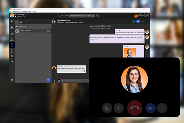 Scrennshot mit der ecotel Desktop App, darin ein Chatverlauf und gestarteter Videocall